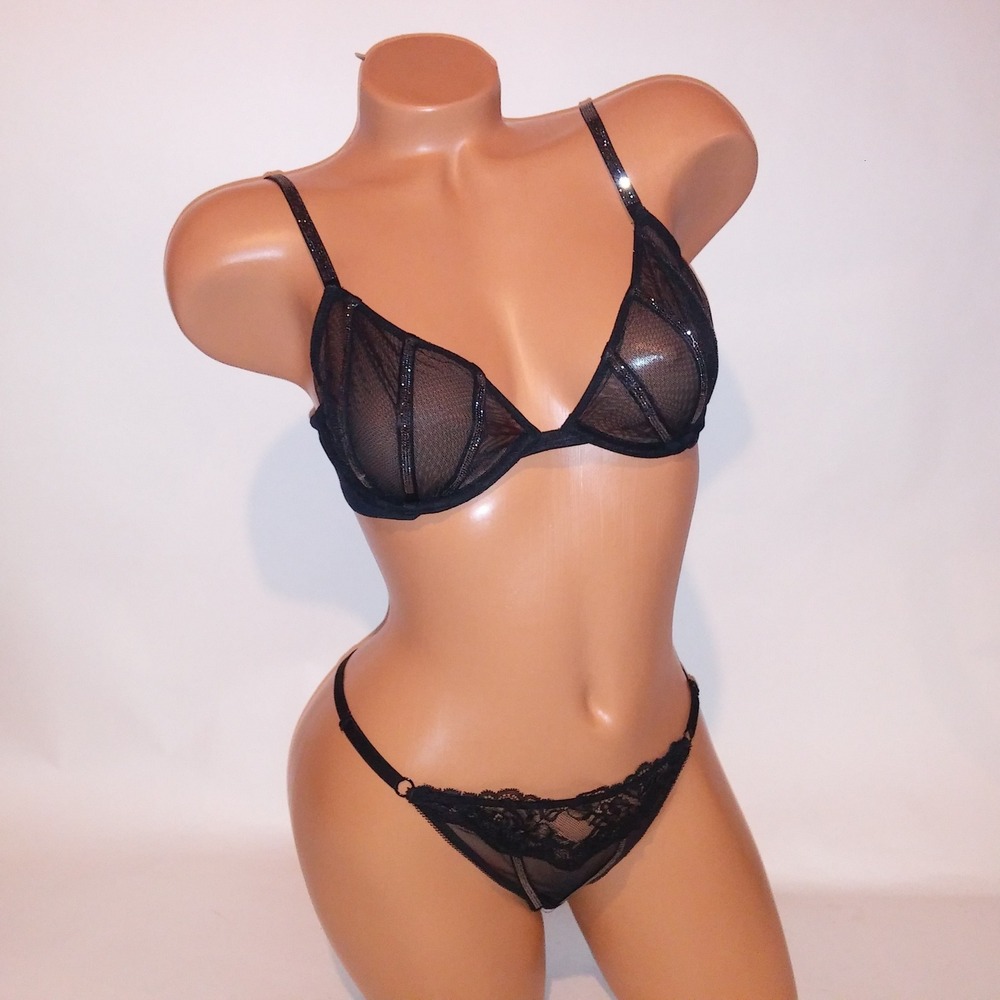 Victoria Secret Bra Set 34C Low Cut Demi Medium Thong Panty Black Shine Strap